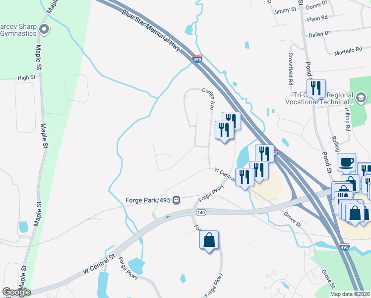 map of restaurants, bars, coffee shops, grocery stores, and more near 28 Anthony Road in Franklin