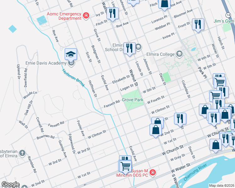 map of restaurants, bars, coffee shops, grocery stores, and more near 707 Grove Street in Elmira