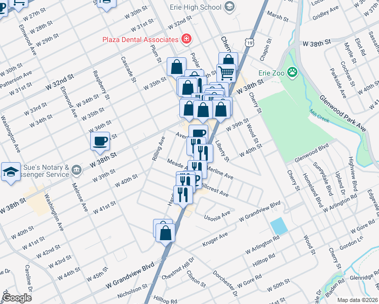map of restaurants, bars, coffee shops, grocery stores, and more near 4015-4115 Royal Avenue in Erie
