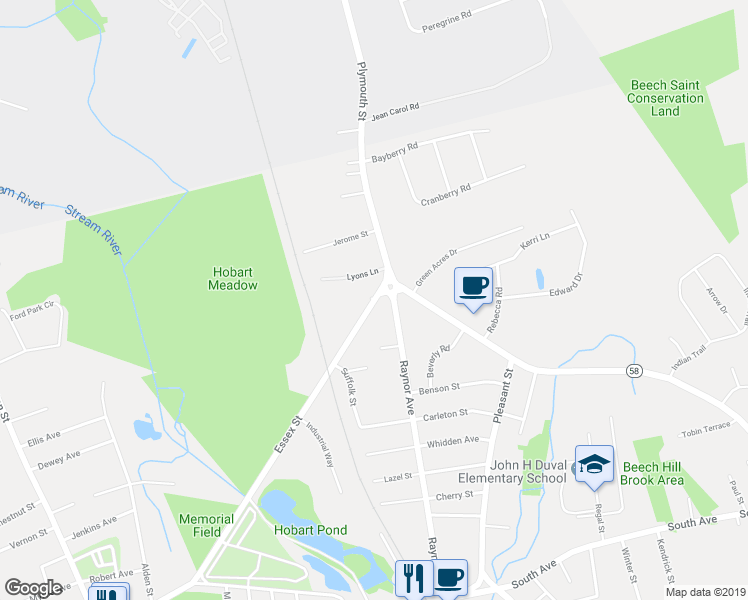 map of restaurants, bars, coffee shops, grocery stores, and more near 4 Lyons Lane in Whitman