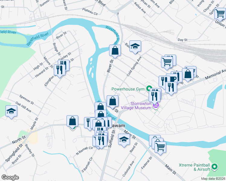 map of restaurants, bars, coffee shops, grocery stores, and more near 522 Cold Spring Avenue in West Springfield