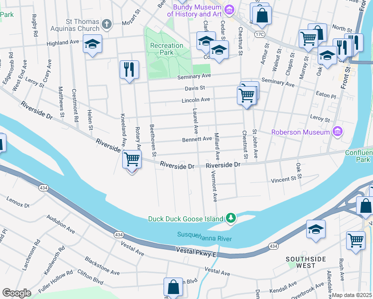 map of restaurants, bars, coffee shops, grocery stores, and more near 46 Johnson Avenue in Binghamton