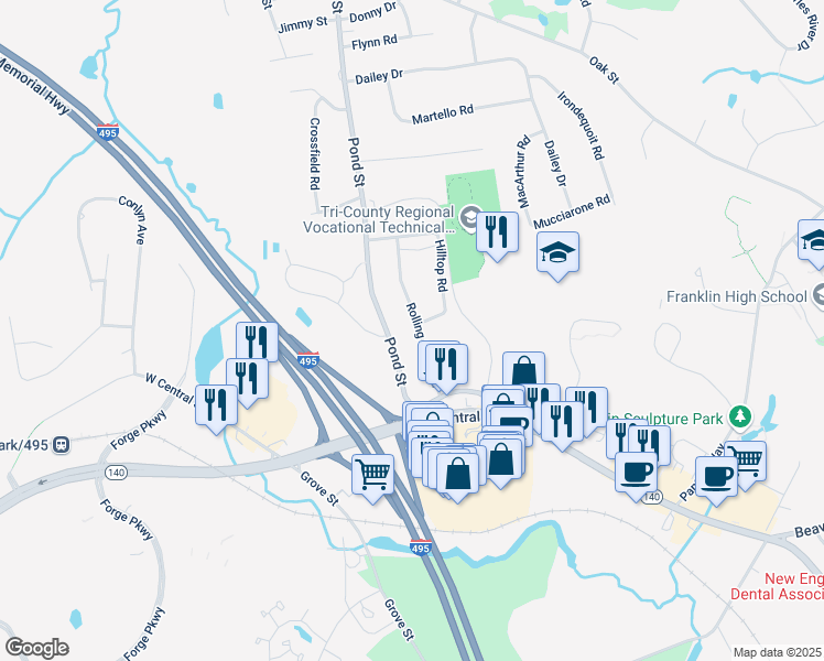 map of restaurants, bars, coffee shops, grocery stores, and more near 10 Rolling Ridge Road in Franklin
