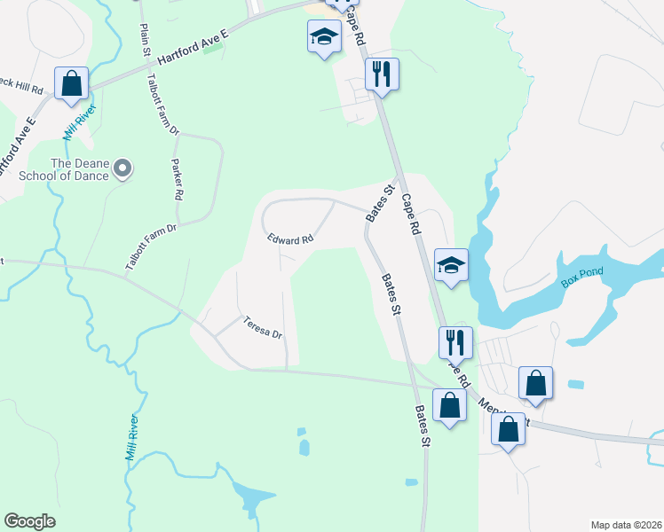 map of restaurants, bars, coffee shops, grocery stores, and more near 43 Bates Street in Mendon