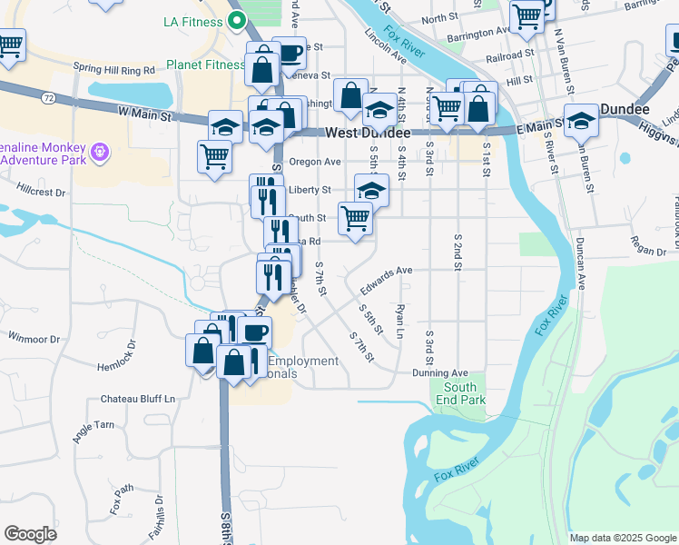 map of restaurants, bars, coffee shops, grocery stores, and more near 536 South 5th Street in West Dundee