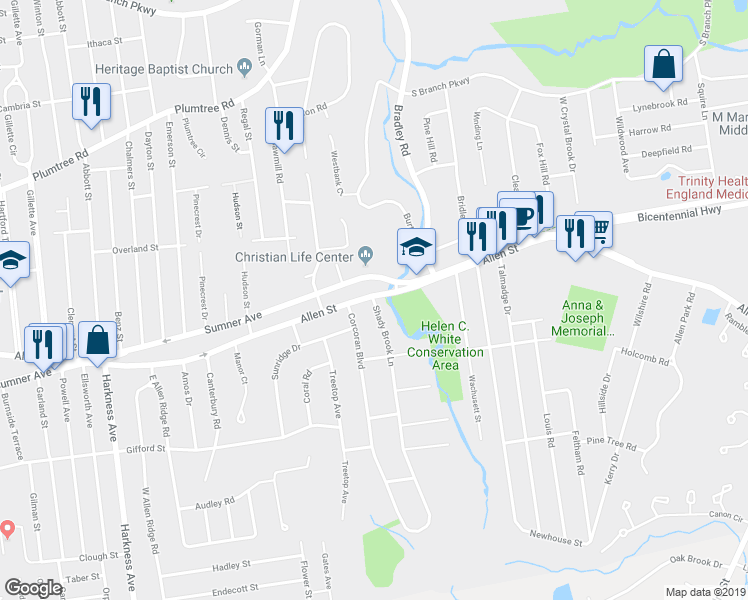 map of restaurants, bars, coffee shops, grocery stores, and more near 3 Shady Brook Lane in Springfield