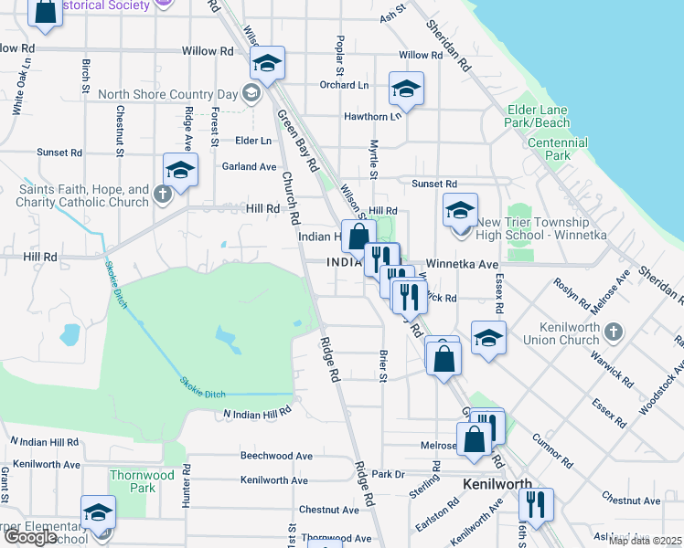 map of restaurants, bars, coffee shops, grocery stores, and more near 97 High Street in Winnetka