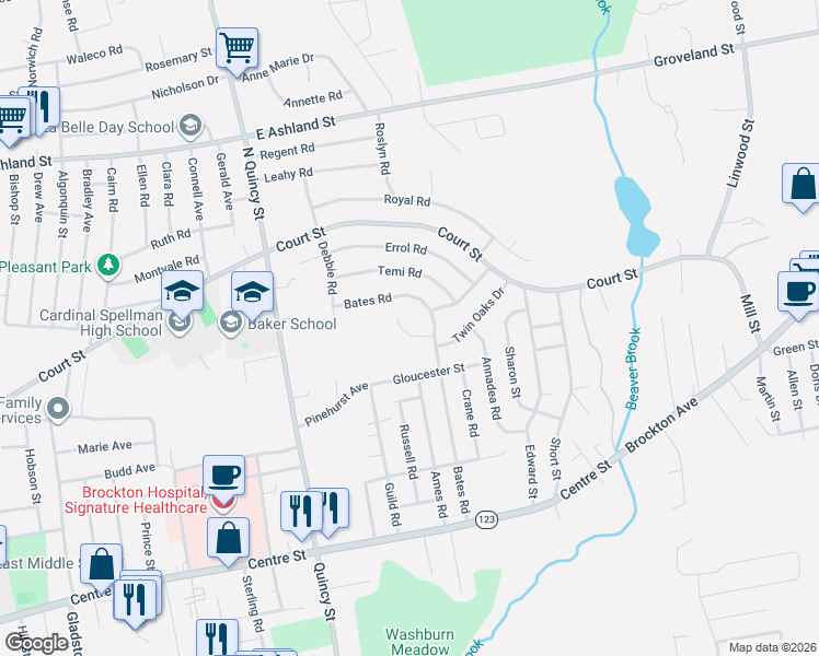 map of restaurants, bars, coffee shops, grocery stores, and more near 30 Irene Circle in Brockton