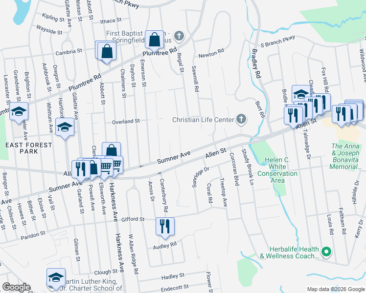 map of restaurants, bars, coffee shops, grocery stores, and more near 28 Hudson Street in Springfield