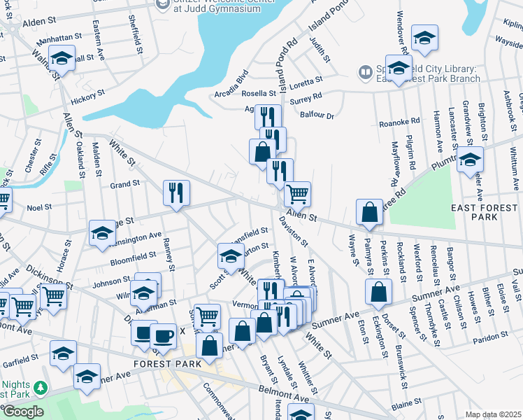 map of restaurants, bars, coffee shops, grocery stores, and more near 326 Allen Street in Springfield