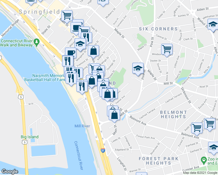 map of restaurants, bars, coffee shops, grocery stores, and more near 44 Rutledge Avenue in Springfield