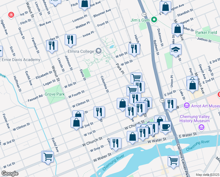 map of restaurants, bars, coffee shops, grocery stores, and more near 318 West Clinton Street in Elmira