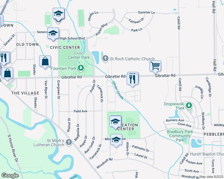map of restaurants, bars, coffee shops, grocery stores, and more near 24869 Mayfair Street in Flat Rock