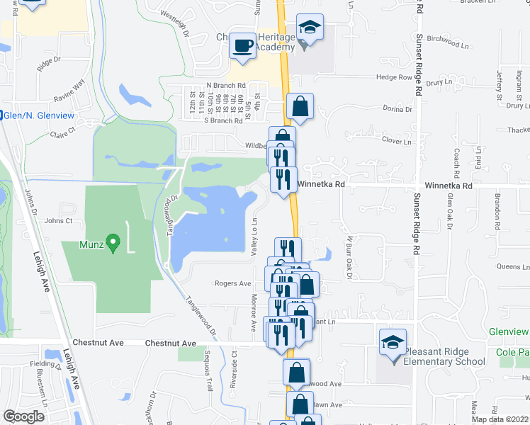 map of restaurants, bars, coffee shops, grocery stores, and more near 2101 Valley Lo Lane in Glenview