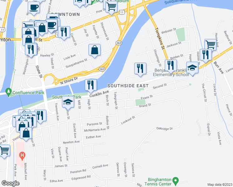 map of restaurants, bars, coffee shops, grocery stores, and more near 1 Lucy Street in Binghamton
