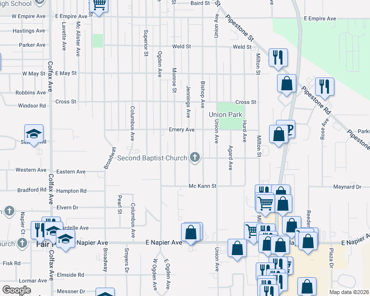 map of restaurants, bars, coffee shops, grocery stores, and more near 1375 Monroe Street in Benton Harbor