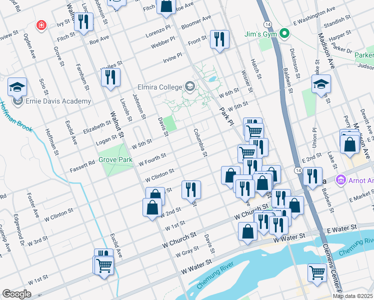 map of restaurants, bars, coffee shops, grocery stores, and more near 360 West Clinton Street in Elmira