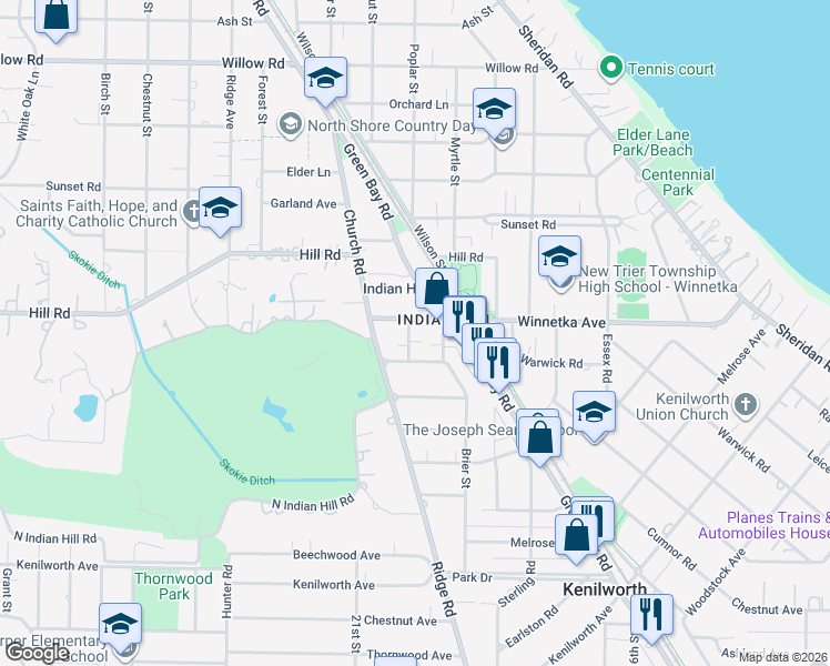 map of restaurants, bars, coffee shops, grocery stores, and more near 95 High Street in Winnetka