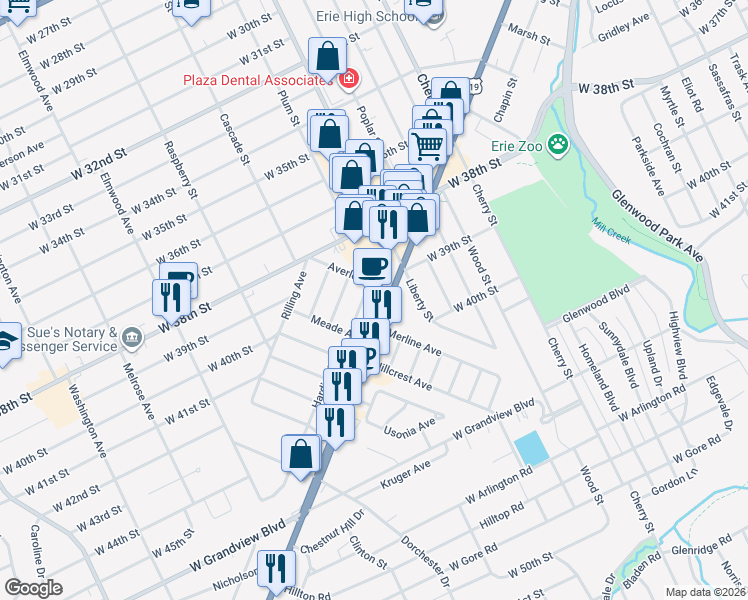 map of restaurants, bars, coffee shops, grocery stores, and more near 4115 Royal Ave in Erie