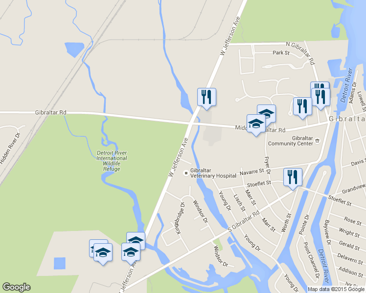map of restaurants, bars, coffee shops, grocery stores, and more near 29255 West Jefferson Avenue in Gibraltar