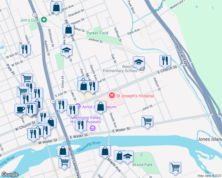 map of restaurants, bars, coffee shops, grocery stores, and more near 584-678 East Church Street in Elmira