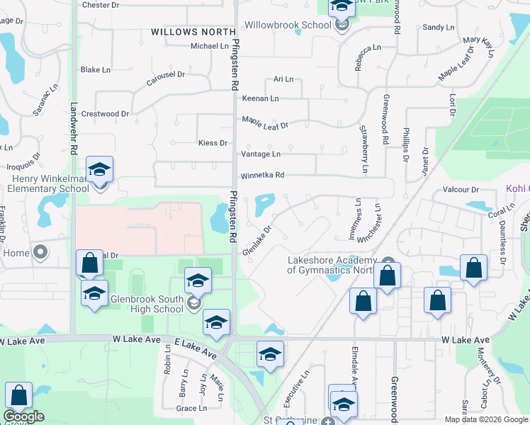 map of restaurants, bars, coffee shops, grocery stores, and more near 2107 Warwick Lane in Glenview