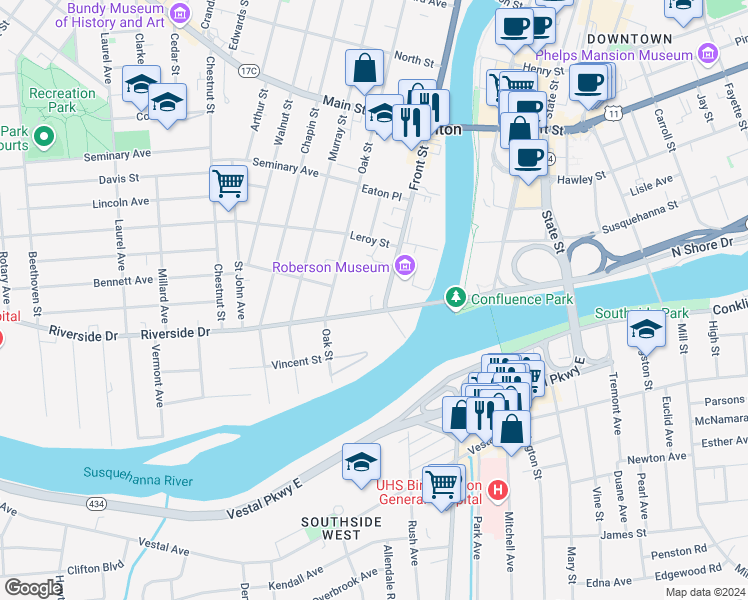 map of restaurants, bars, coffee shops, grocery stores, and more near 17 Front Street in Binghamton
