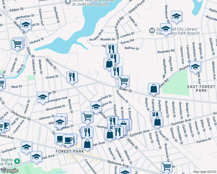map of restaurants, bars, coffee shops, grocery stores, and more near 326 Allen Street in Springfield