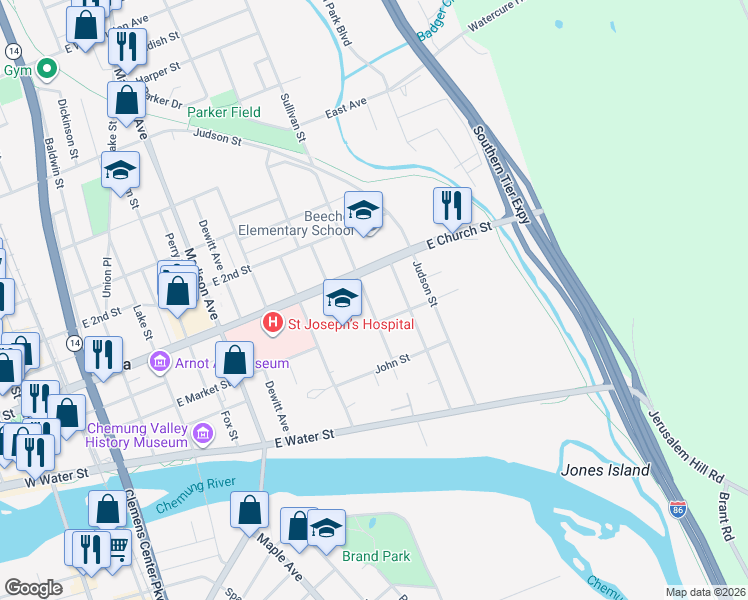 map of restaurants, bars, coffee shops, grocery stores, and more near 809 East Market Street in Elmira