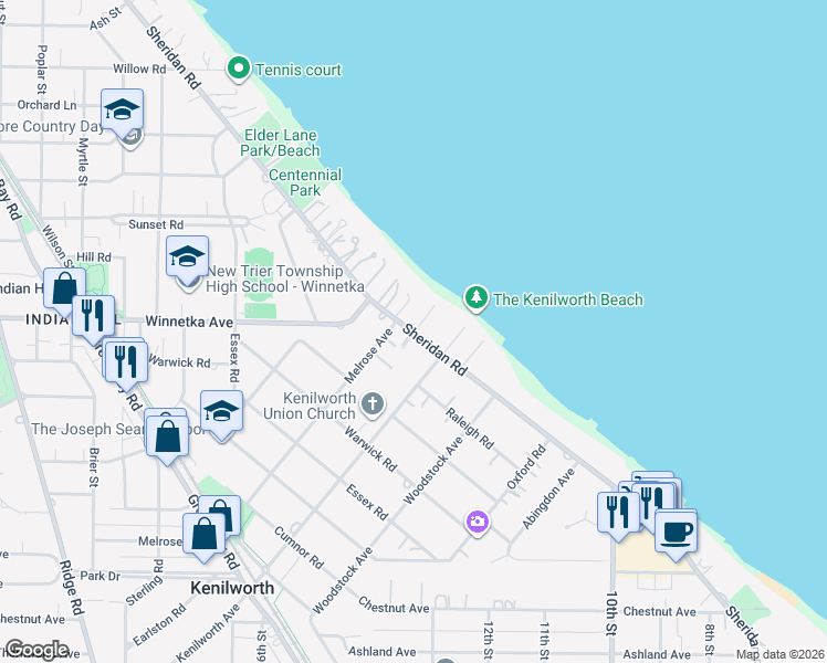 map of restaurants, bars, coffee shops, grocery stores, and more near 430 Sheridan Road in Kenilworth