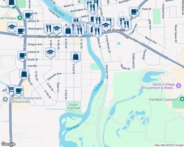 map of restaurants, bars, coffee shops, grocery stores, and more near 507 View Street in West Dundee