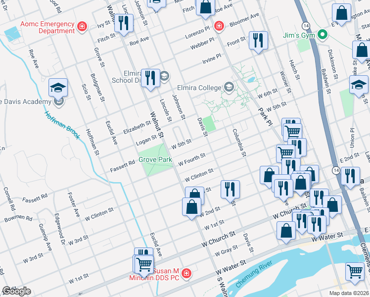 map of restaurants, bars, coffee shops, grocery stores, and more near 437 West 5th Street in Elmira
