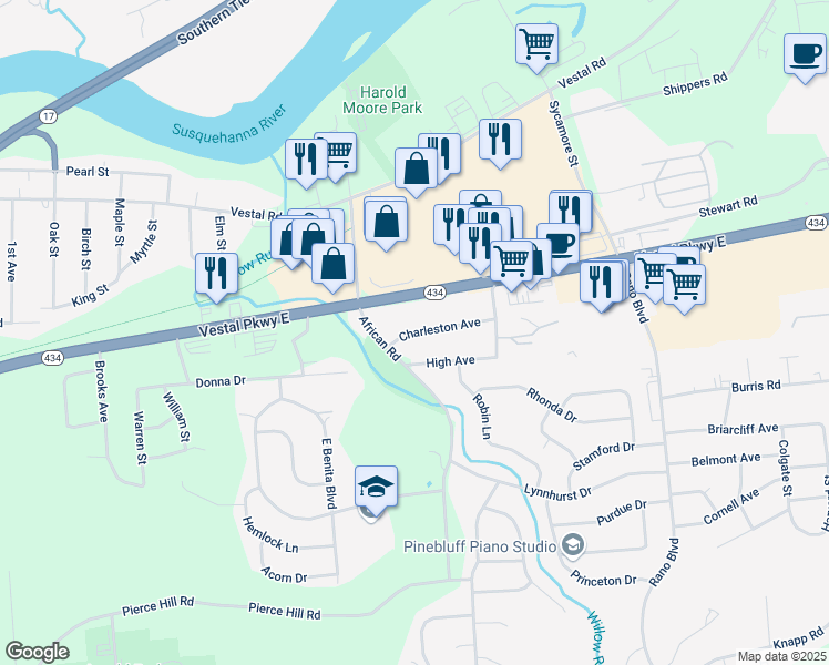 map of restaurants, bars, coffee shops, grocery stores, and more near 2413 Charleston Avenue in Vestal