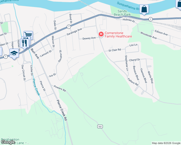 map of restaurants, bars, coffee shops, grocery stores, and more near 2 Hemlock Pl in Binghamton