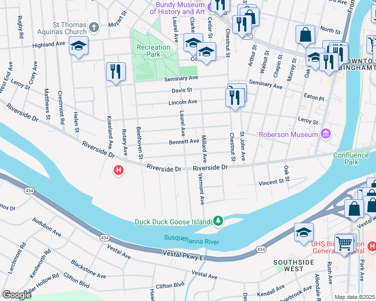 map of restaurants, bars, coffee shops, grocery stores, and more near 44 Laurel Avenue in Binghamton