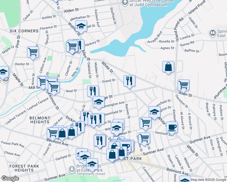 map of restaurants, bars, coffee shops, grocery stores, and more near 268-270 Orange Street in Springfield