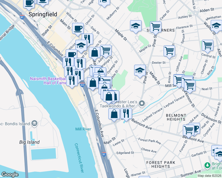 map of restaurants, bars, coffee shops, grocery stores, and more near 44 Rutledge Avenue in Springfield