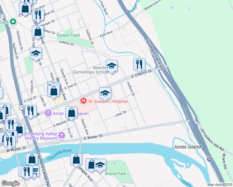 map of restaurants, bars, coffee shops, grocery stores, and more near 809 East Market Street in Elmira