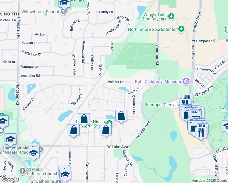 map of restaurants, bars, coffee shops, grocery stores, and more near 3141 Coral Lane in Glenview