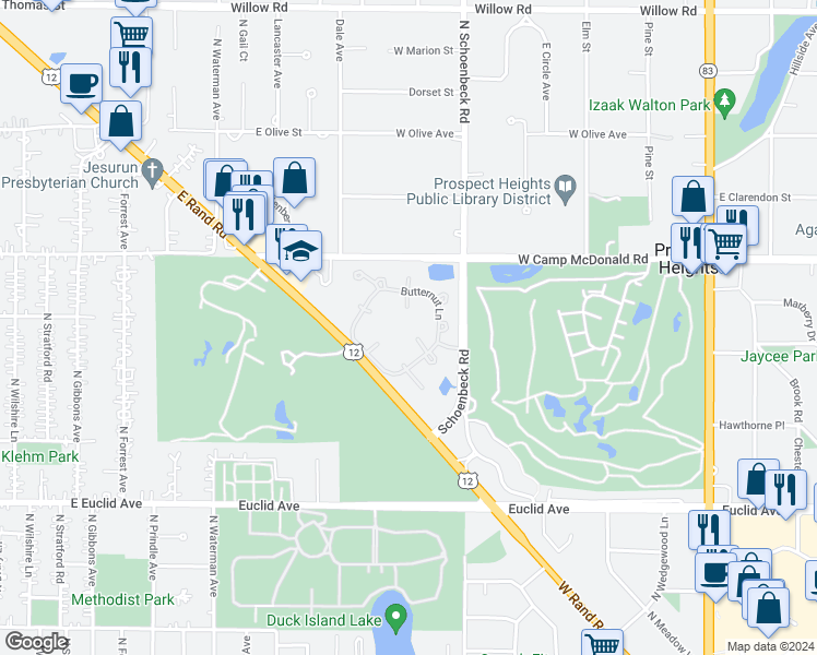 map of restaurants, bars, coffee shops, grocery stores, and more near 1405 Apricot Court in Mount Prospect