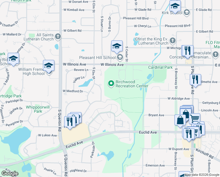 map of restaurants, bars, coffee shops, grocery stores, and more near 435 West Illinois Avenue in Palatine