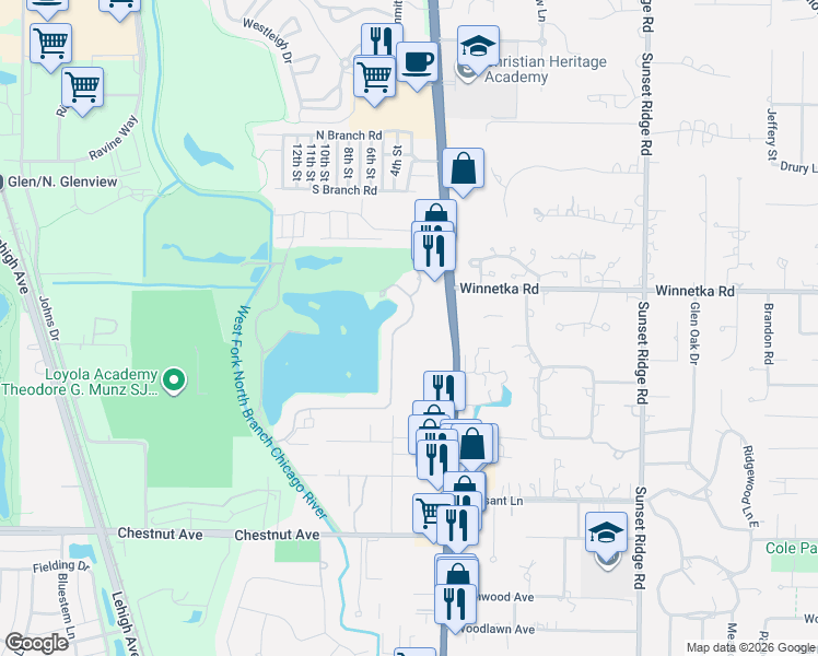 map of restaurants, bars, coffee shops, grocery stores, and more near 2101 Valley Lo Lane in Glenview