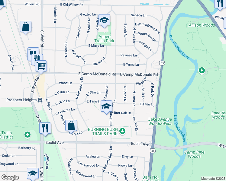 map of restaurants, bars, coffee shops, grocery stores, and more near 1409 North Burning Bush Lane in Mount Prospect