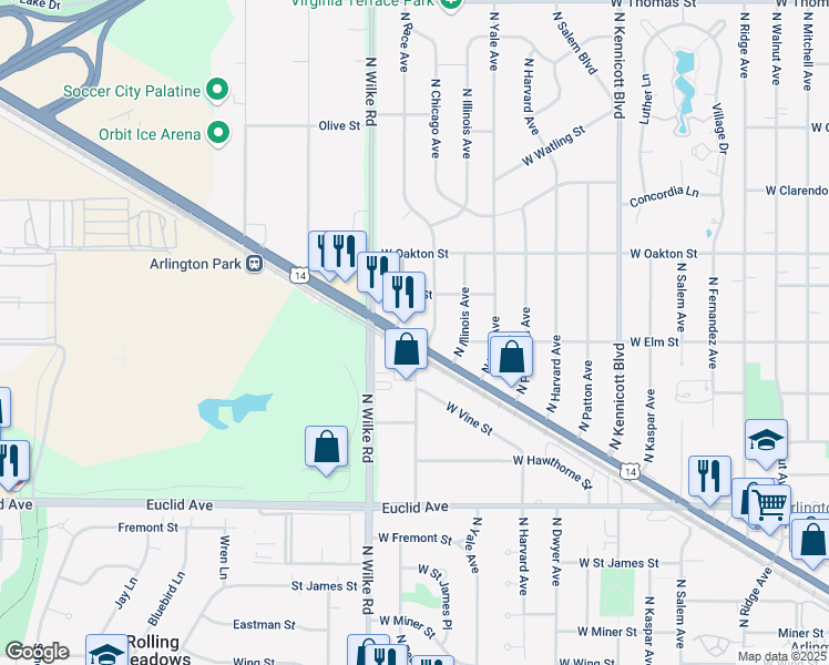 map of restaurants, bars, coffee shops, grocery stores, and more near 1616 West Northwest Highway in Arlington Heights