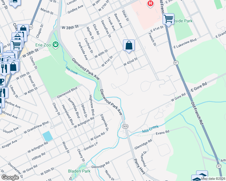 map of restaurants, bars, coffee shops, grocery stores, and more near 265 West Grandview Boulevard in Erie