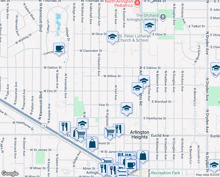 map of restaurants, bars, coffee shops, grocery stores, and more near 824 North Highland Avenue in Arlington Heights