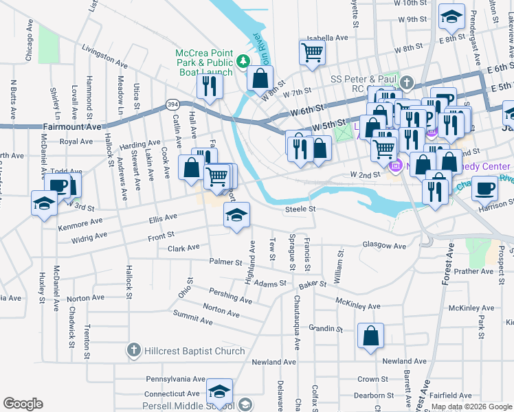 map of restaurants, bars, coffee shops, grocery stores, and more near 225 Steele Street in Jamestown