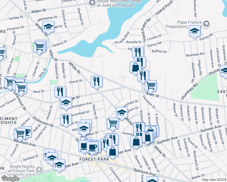 map of restaurants, bars, coffee shops, grocery stores, and more near 385 Orange Street in Springfield