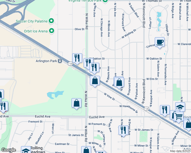 map of restaurants, bars, coffee shops, grocery stores, and more near 1616 West Northwest Highway in Arlington Heights