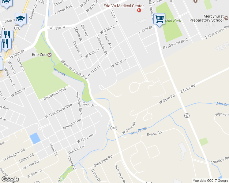 map of restaurants, bars, coffee shops, grocery stores, and more near 4631 Harbor View Dr in Erie